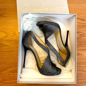 Authentic Jimmy Choo Size 8 Anthracite Glitter and Leather Lame Crisscross